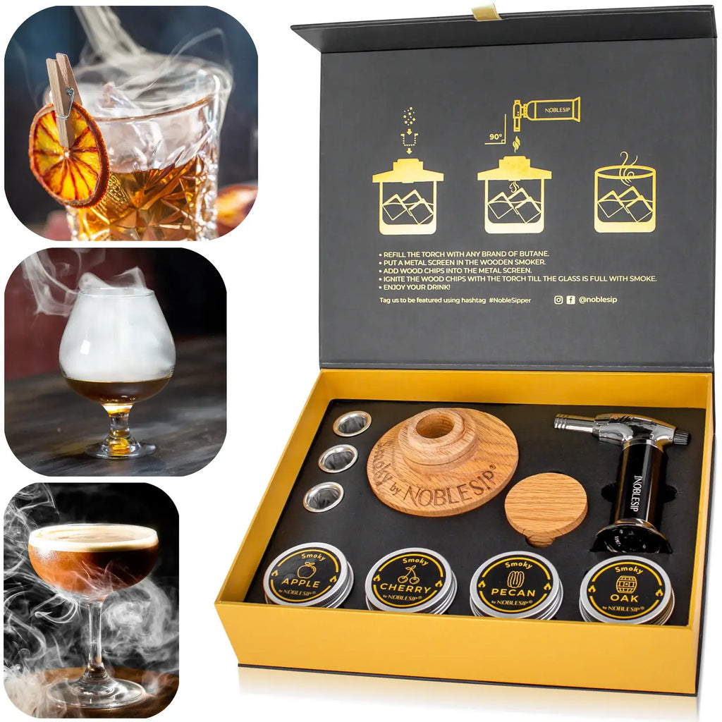 Whiskey Smoker Kit with Solid Oak Smoker and Four Wood Chip Varieties for Cocktails at Your Home Bar