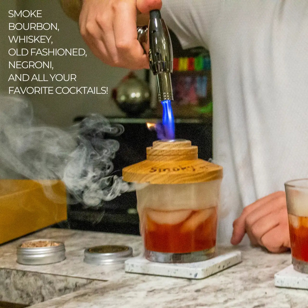 Whiskey Smoker Kit with Solid Oak Smoker and Four Wood Chip Varieties for Cocktails at Your Home Bar