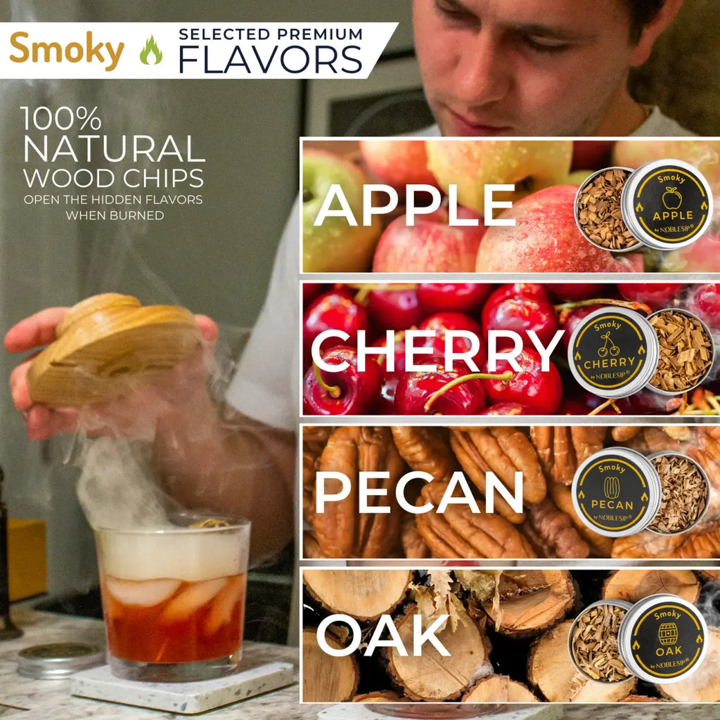 Whiskey Smoker Kit with Solid Oak Smoker and Four Wood Chip Varieties for Cocktails at Your Home Bar