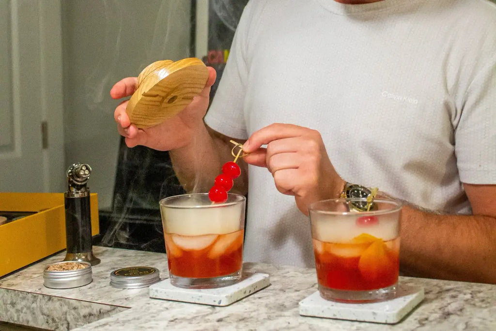 Whiskey Smoker Kit with Solid Oak Smoker and Four Wood Chip Varieties for Cocktails at Your Home Bar