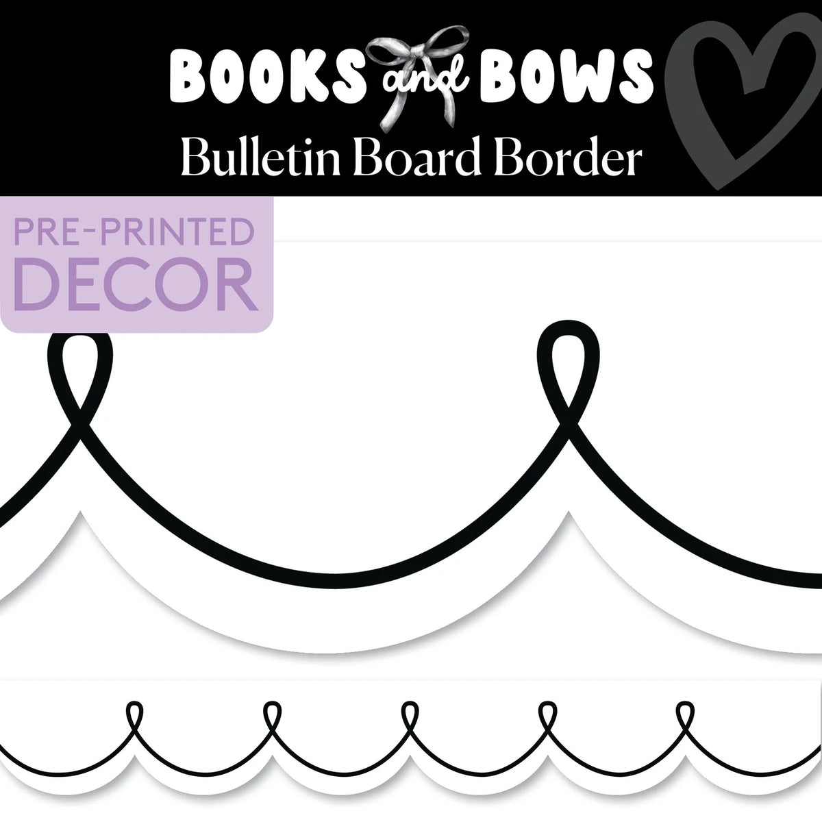 White Bulletin Board Border with Black Looping Bows, 21 Gloss-Finish Strips for Classroom Displays
