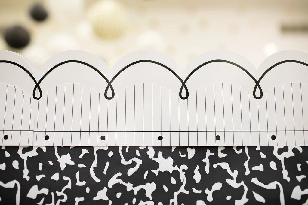 White Bulletin Board Border with Black Looping Bows, 21 Gloss-Finish Strips for Classroom Displays