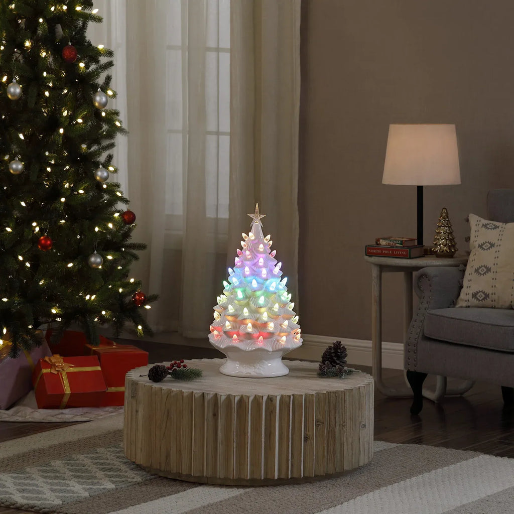 White Ceramic Christmas Tree, 24 Inches Tall, with 17 Solid Colors and 25 Preprogrammed Light Shows