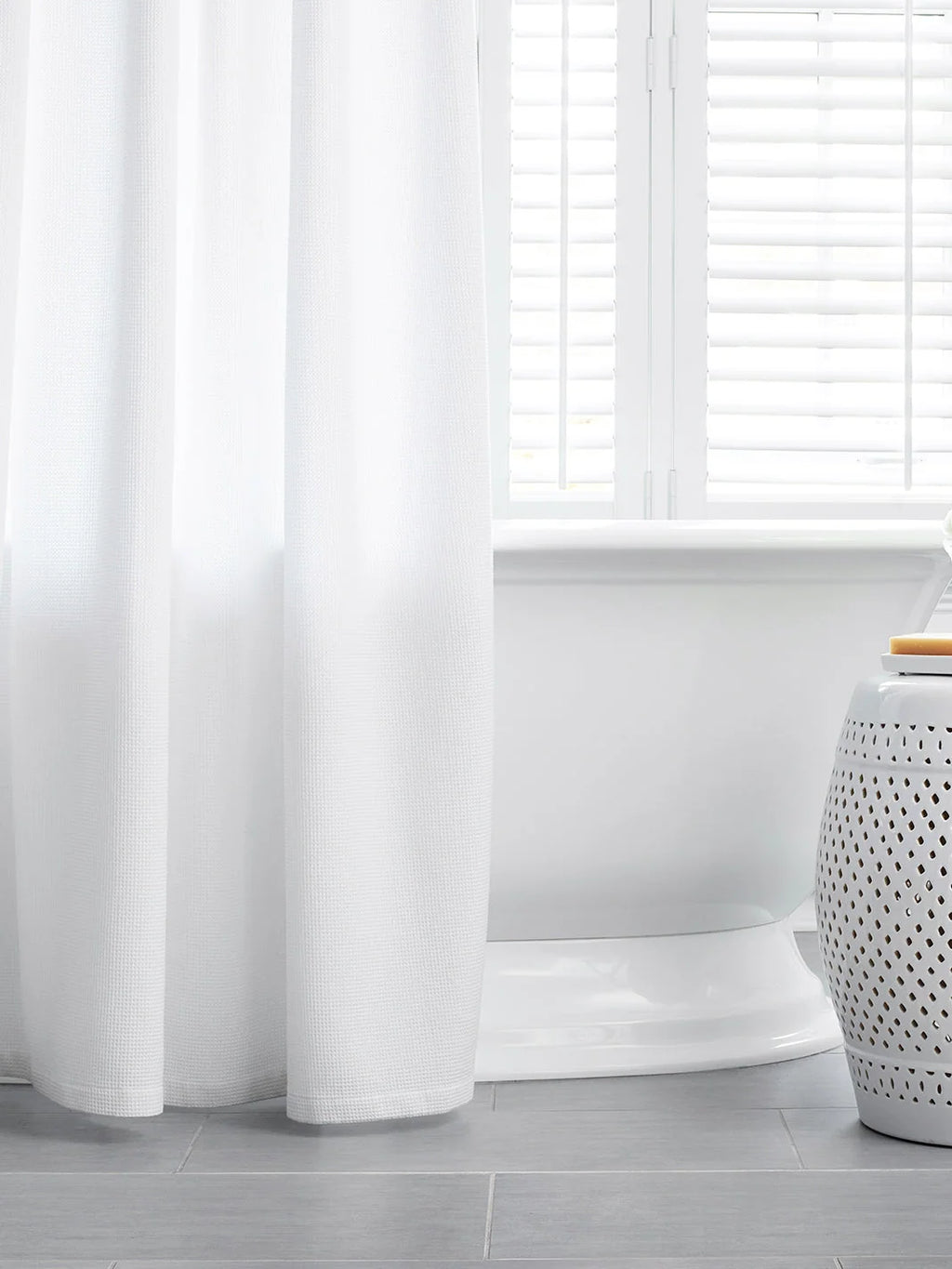 White Cotton Shower Curtain in 100% Organic Long-Staple Cotton with a Dimensional Micro-Waffle Texture