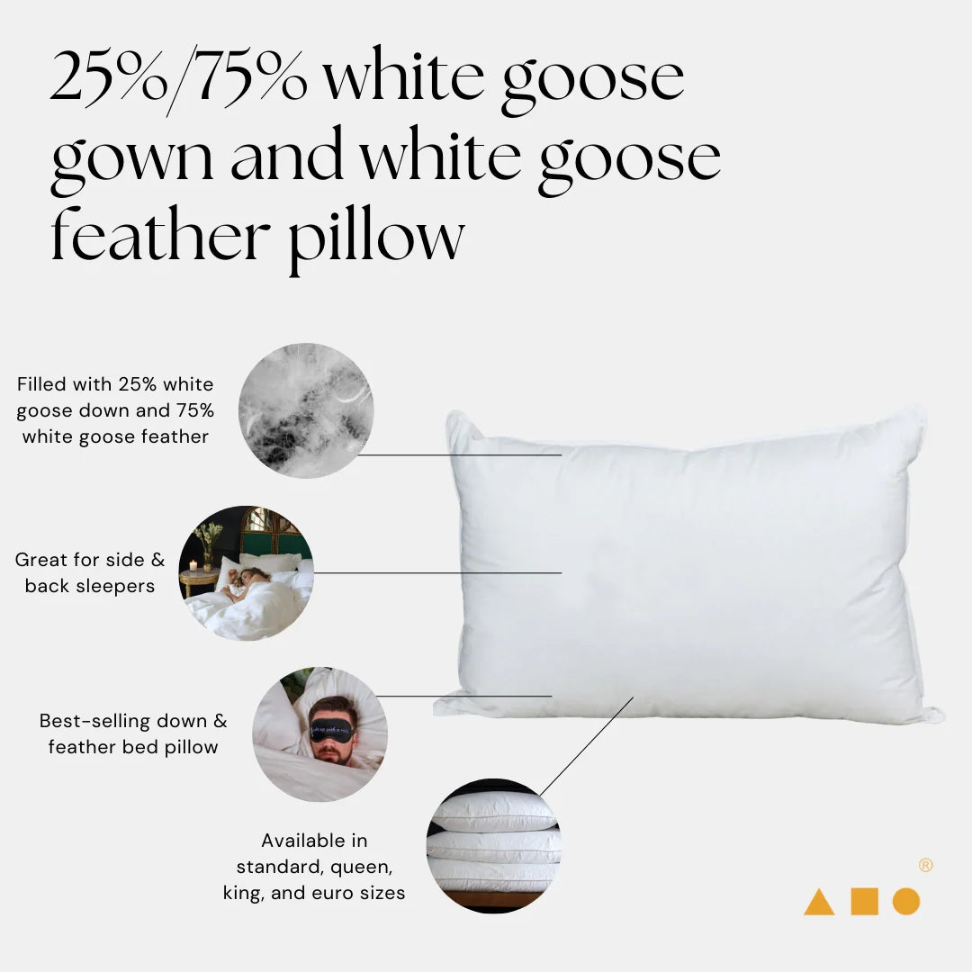 White Goose Down and Feather Pillow for Back Sleepers, Blended for Down Softness and Feather Loft