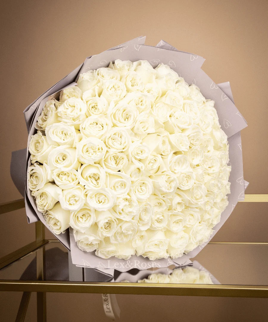 White Rose Bouquet of 25 to 150 Long Stem Roses