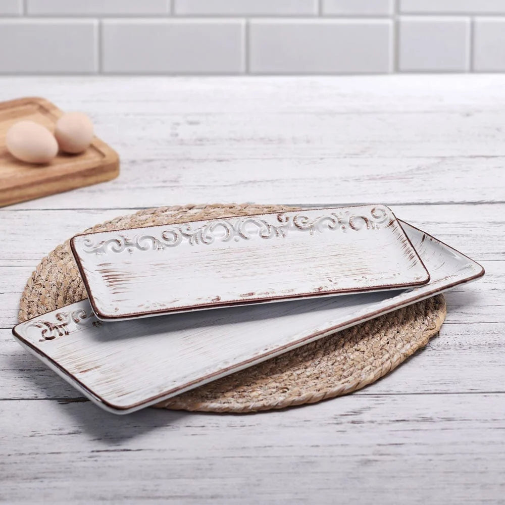 White Stoneware Serving Platters, Set of 2 in 12 and 16 Inch