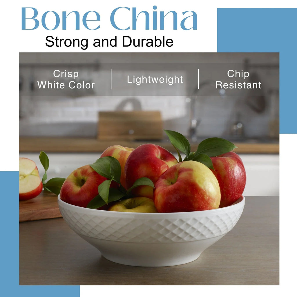 White Vegetable Serving Bowl with Trellis Design, Bone China Construction, 50-Ounce Capacity and Everyday Tabletop Use