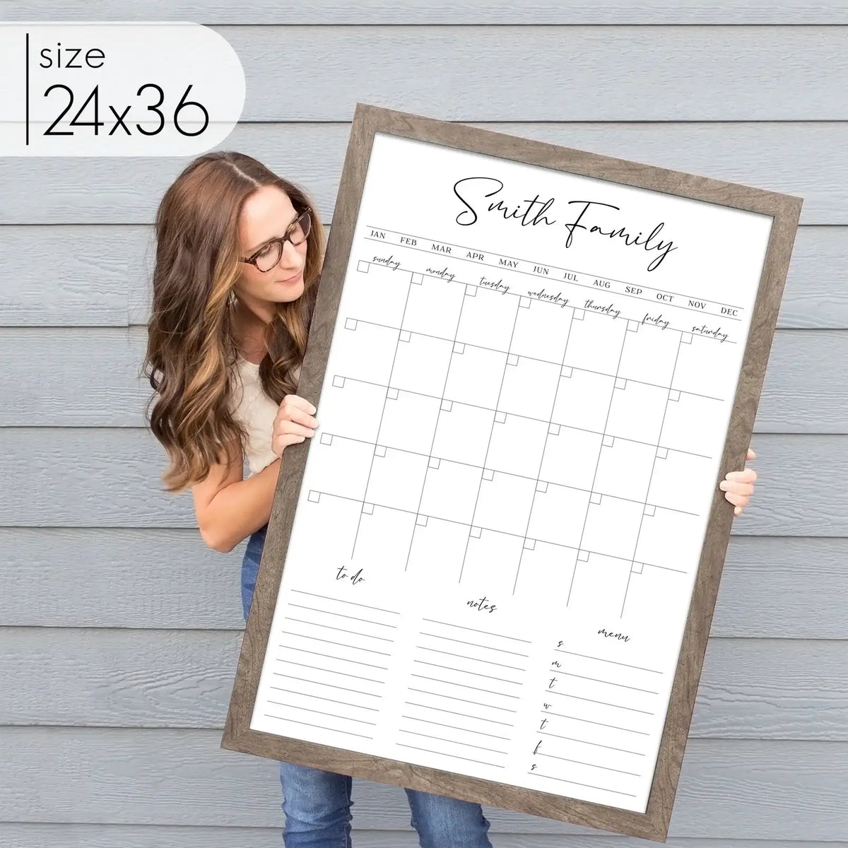 Whiteboard Calendar for Wall, Framed Monthly Family Planner with Three Custom Sections and Multiple Size — 24"x36" / Barnwood