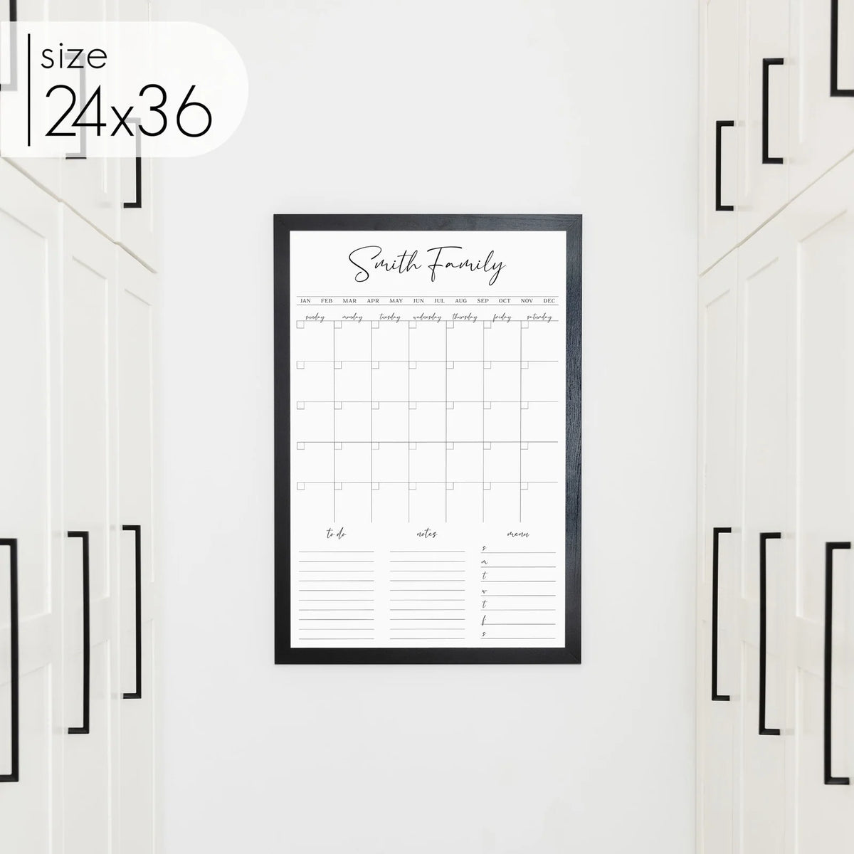 Whiteboard Calendar for Wall, Framed Monthly Family Planner with Three Custom Sections and Multiple Sizes — 24"x36" / Black