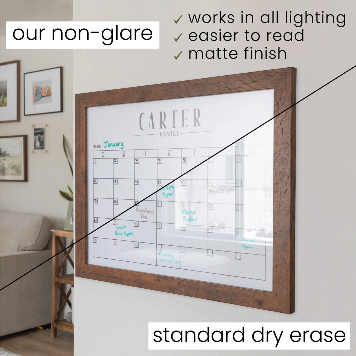 Whiteboard Calendar for Wall with Monthly Layout, Custom Framed Design and Three Extra Planning Sections