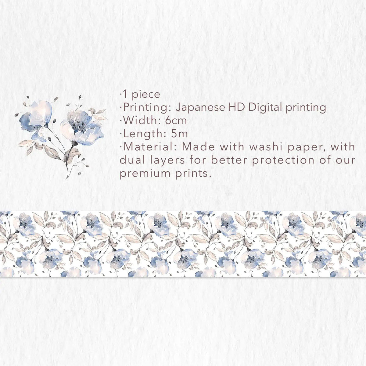 Wide Washi Tape in Azalea Bloom Floral Design, 60 mm x 5 m