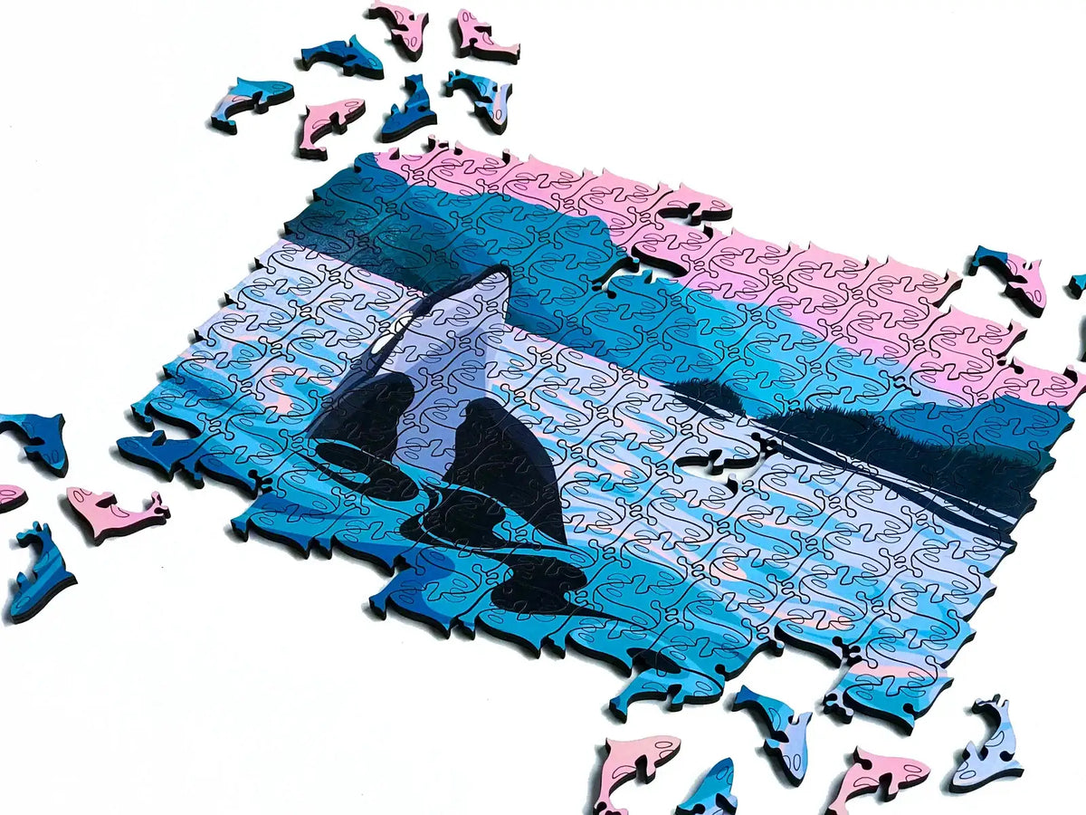 Wood Jigsaw Puzzle with 206 Identical Orca-Shaped Pieces, Escher-Style Tessellation and West Coast Wildlife Artwork