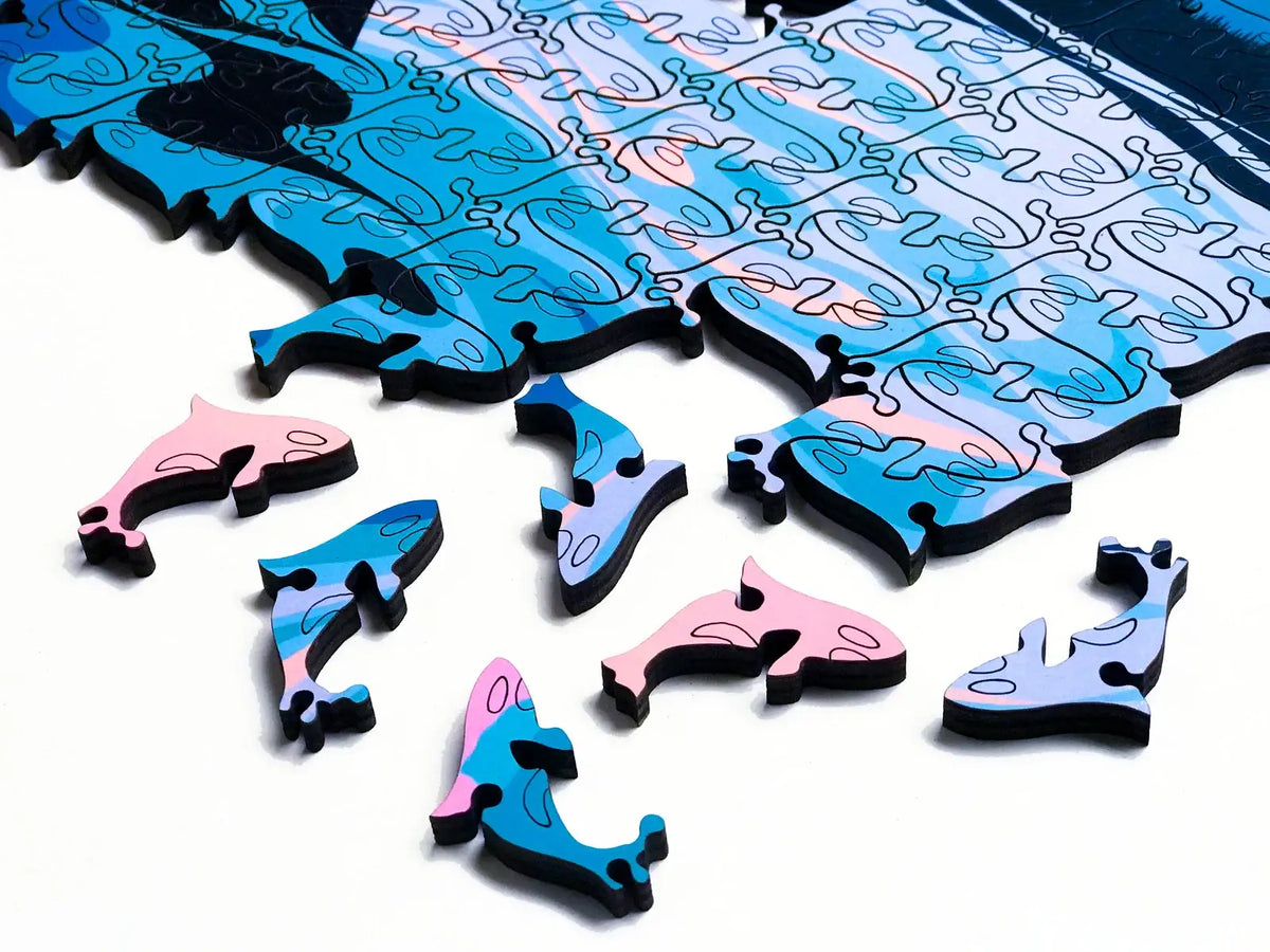 Wood Jigsaw Puzzle with 206 Identical Orca-Shaped Pieces, Escher-Style Tessellation and West Coast Wildlife Artwork