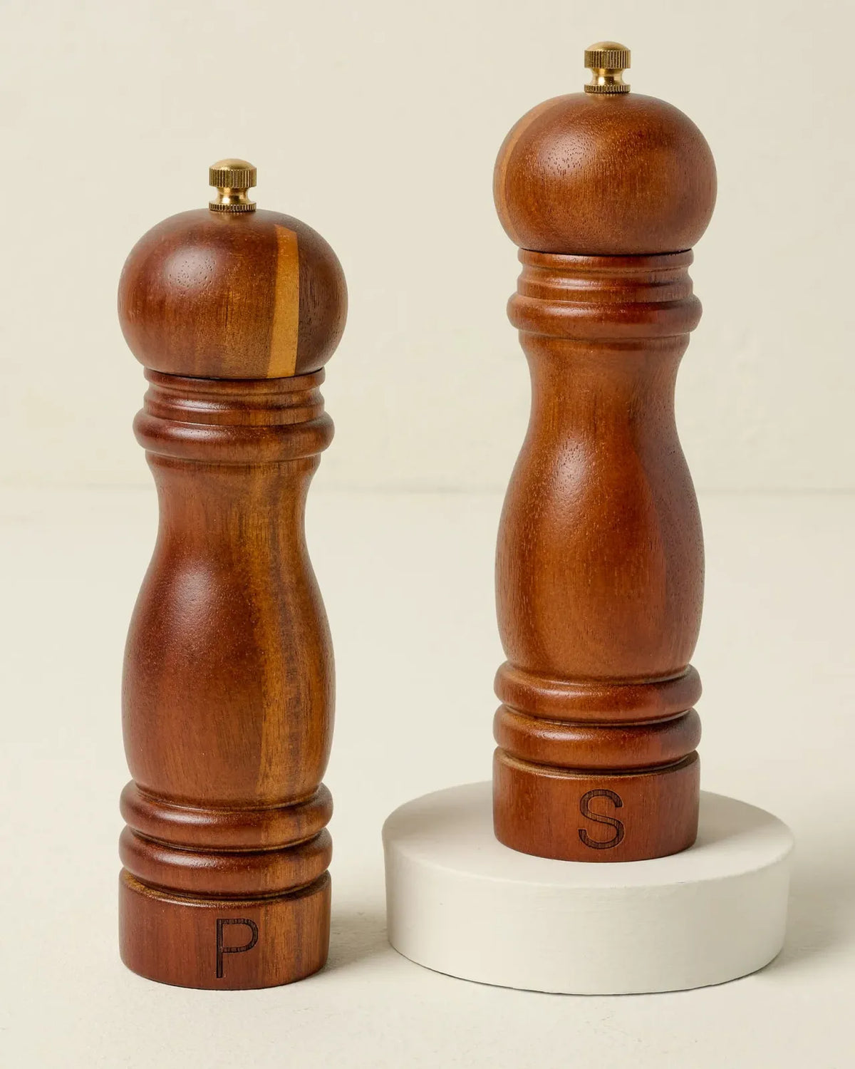 Wood Salt and Pepper Grinder Set with Adjustable Twist Mechanisms and Turned Detailing for Kitchen Tabletop Seasoning