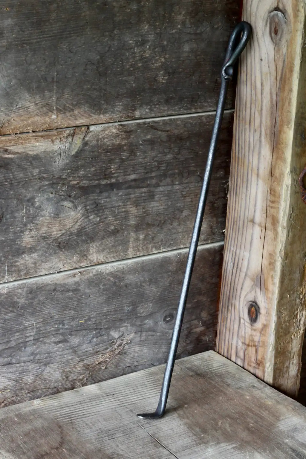 Wood Stove Fire Poker with a 90-Degree Working End and Hand-Forged Hanging Loop for Moving Logs