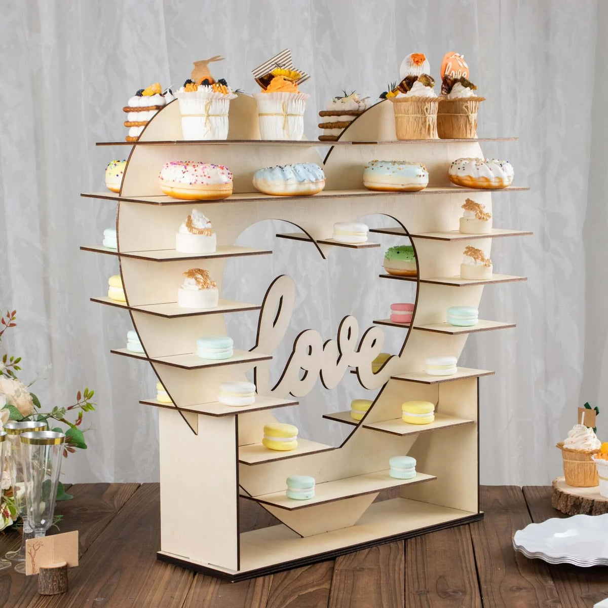 Wooden 8-Tier Heart-Shaped Cupcake Display Stand with Double-Sided Love Design for Dessert Tables