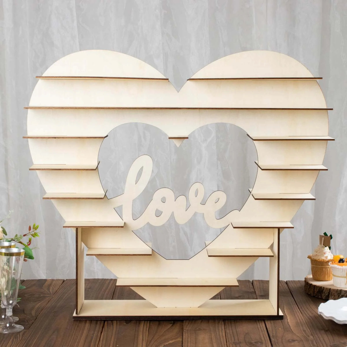 Wooden 8-Tier Heart-Shaped Cupcake Display Stand with Double-Sided Love Design for Dessert Tables