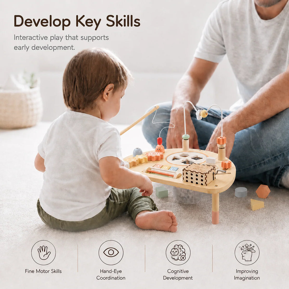 Wooden Activity Table for Toddlers, 8-in-1 Learning Center with Fishing Game, Bead Maze and Shape Sorter