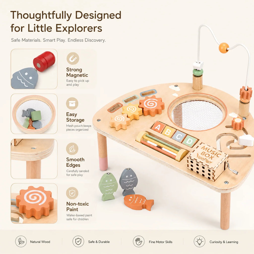 Wooden Activity Table for Toddlers, 8-in-1 Learning Center with Fishing Game, Bead Maze and Shape Sorter