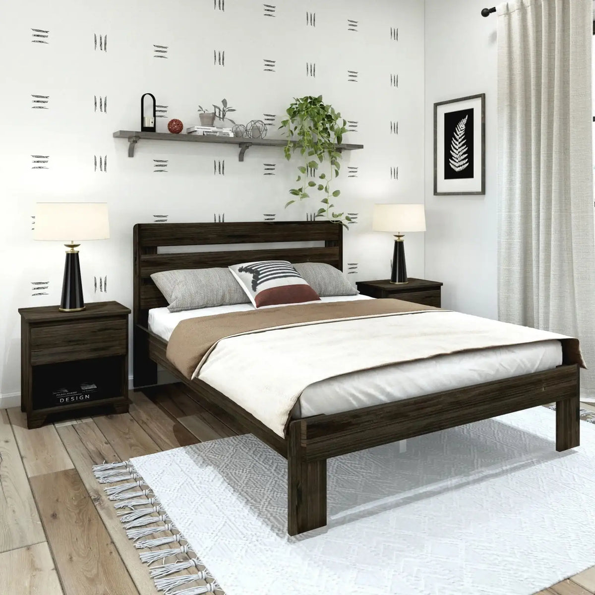 Wooden Bed Frame Queen Size, Barnwood Brown