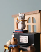 Wooden Cat Playing Piano Music Box with Hand Crank, Schubert Symphony Tune and Shelf Decor Design