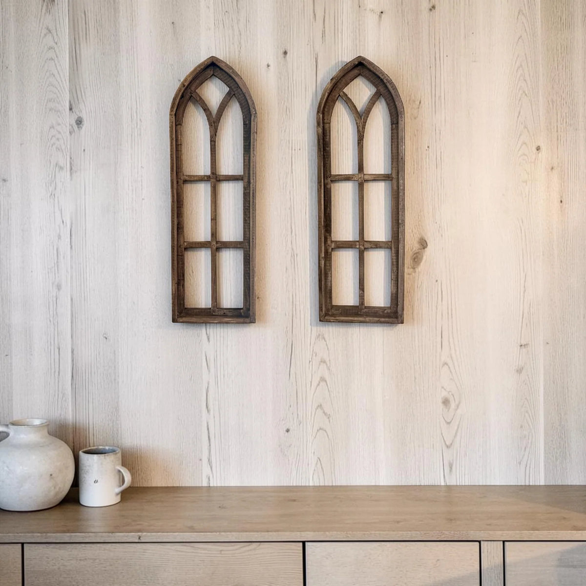 Wooden Cathedral Window Wall Decor in Rustic Brown, Handcrafted