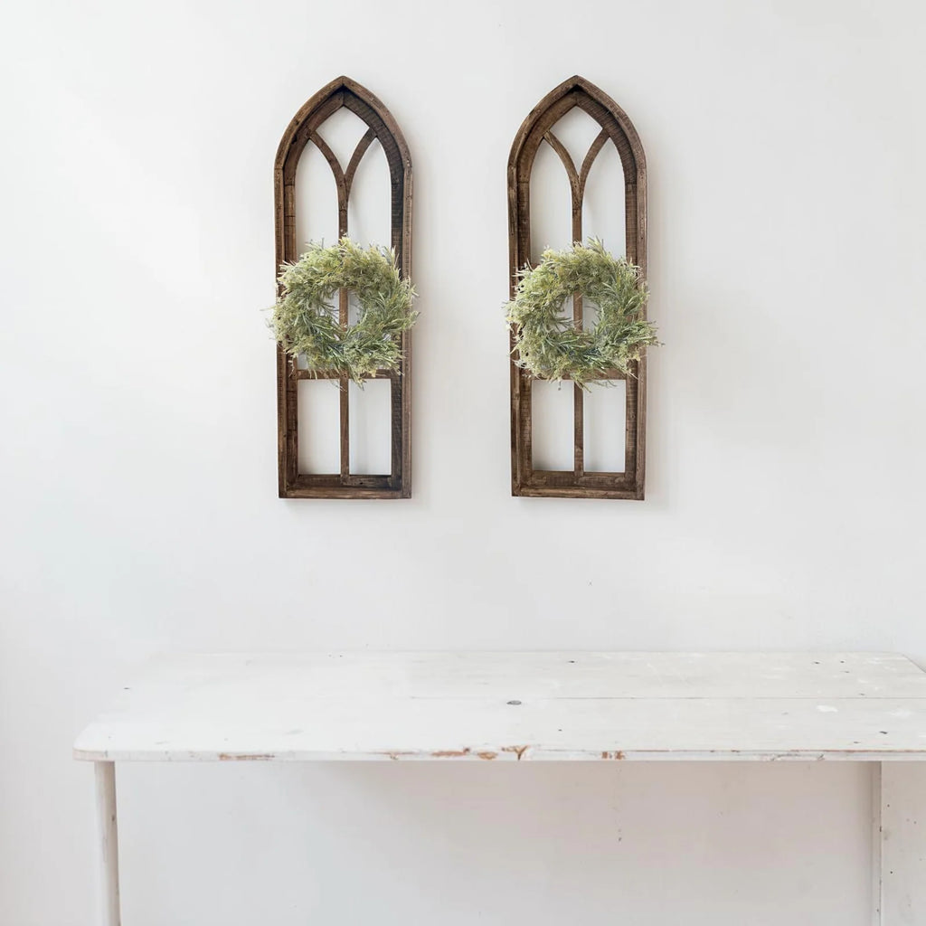 Wooden Cathedral Window Wall Decor in Rustic Brown, Handcrafted
