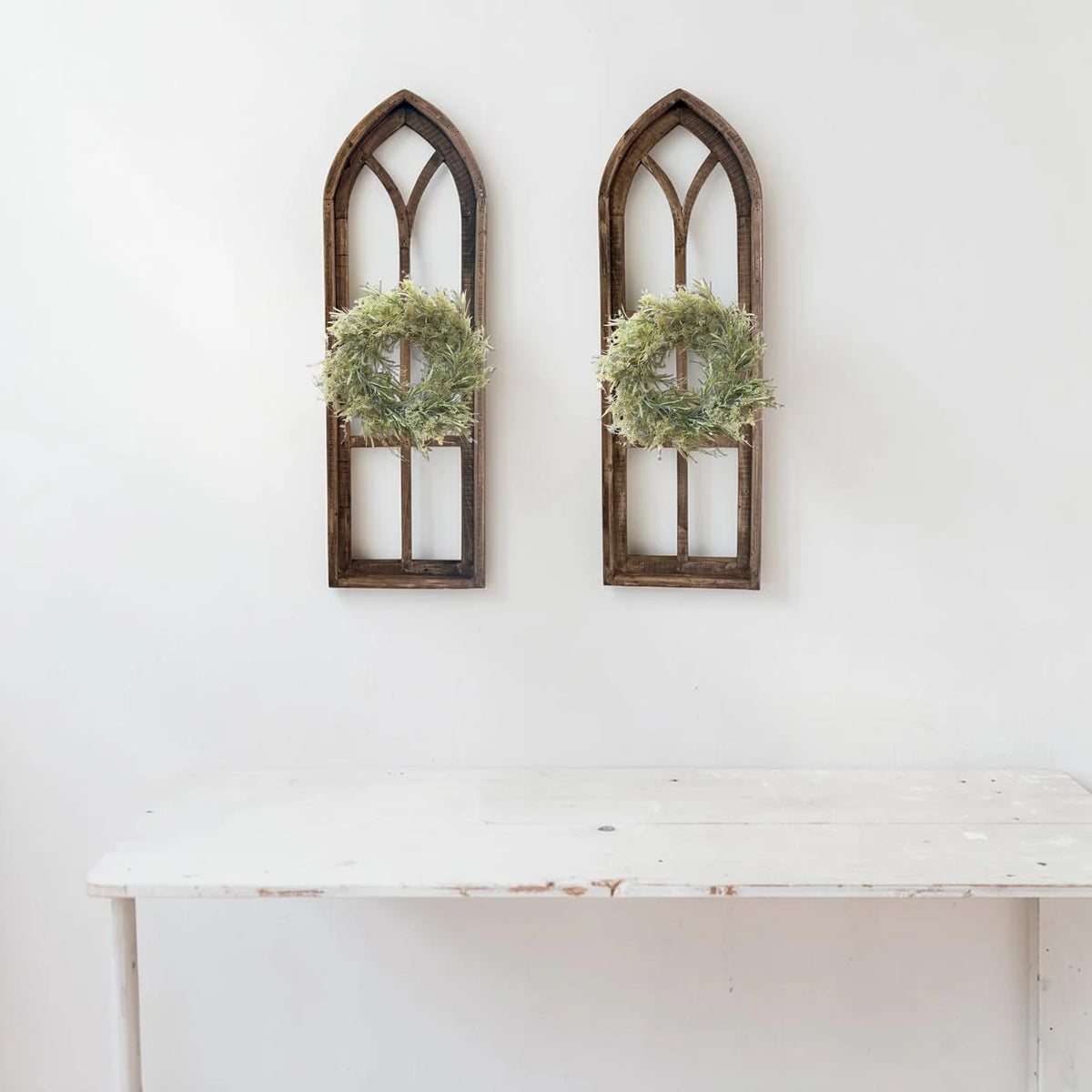Wooden Cathedral Window Wall Decor in Rustic Brown, Handcrafted