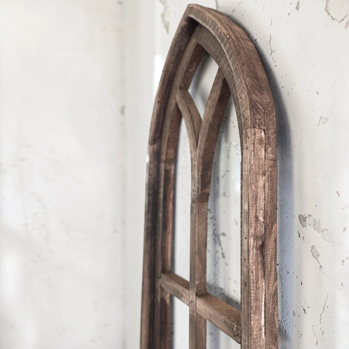 Wooden Cathedral Window Wall Decor in Rustic Brown, Handcrafted
