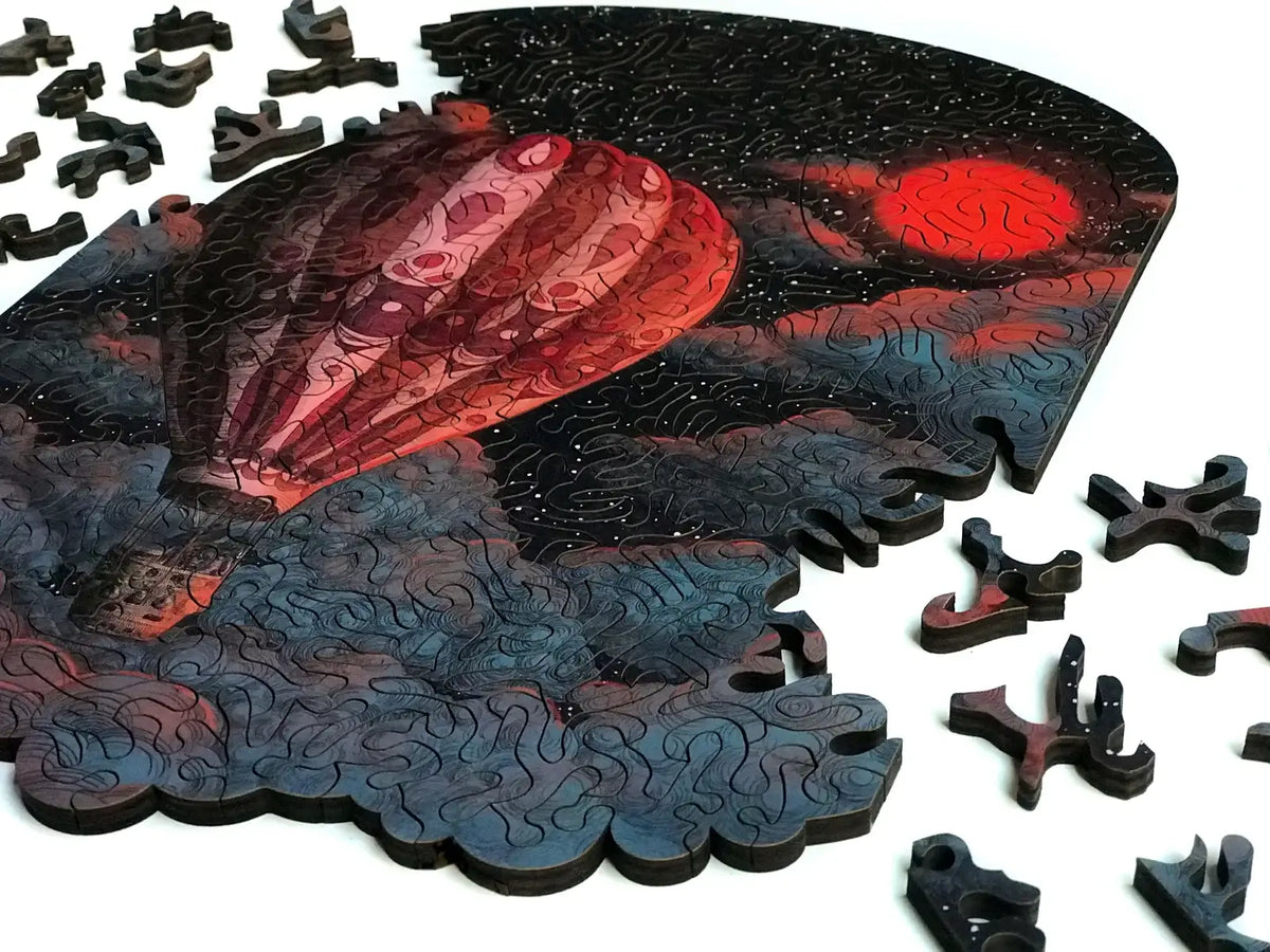 Wooden Jigsaw Puzzle Adventure Awaits Artwork with 242 Pieces, Shaped Edge and Hidden Hot Air Balloons