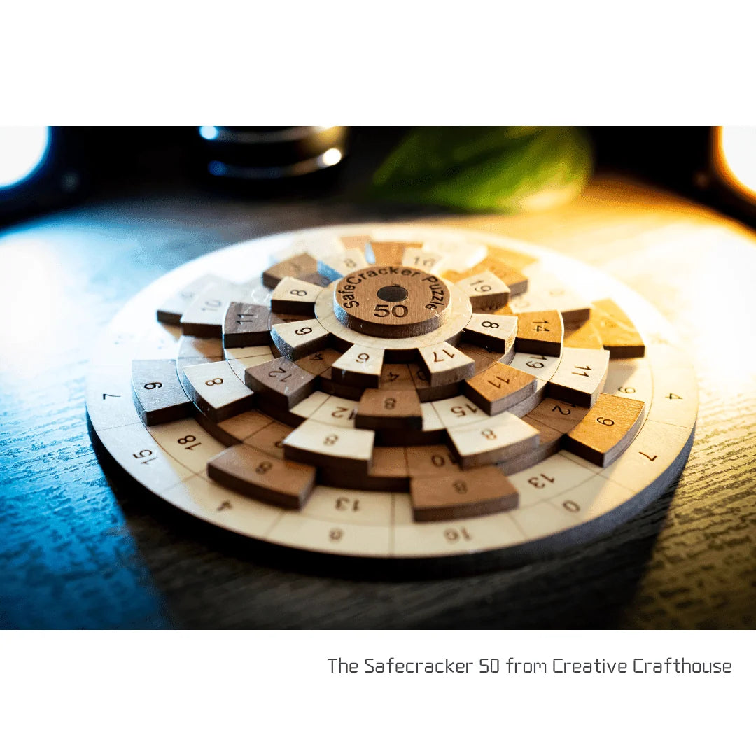 Wooden Math Puzzle in Cherry and Maple Hardwood, Featuring Five Rotating Rings and a Single Solution