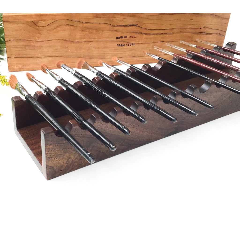 Wooden Paint Brush Holder in Black Walnut or Cherry, Handcrafted for Angled Horizontal Brush Resting