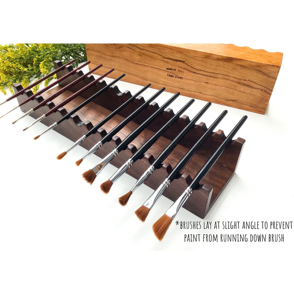 Wooden Paint Brush Holder in Black Walnut or Cherry, Handcrafted for Angled Horizontal Brush Resting