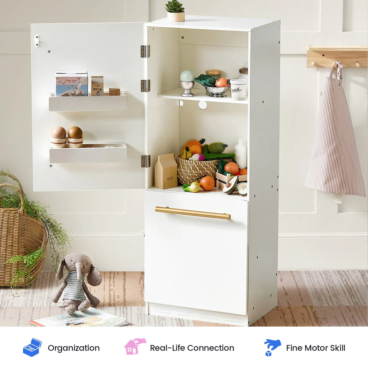 Wooden Toy Kitchen Refrigerator Cabinet with Magnetic Door Spots and Practical Storage for Kids’ Pretend Play