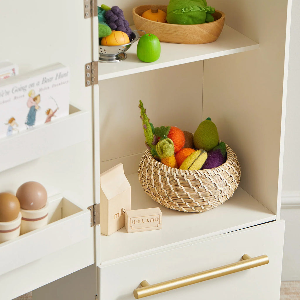 Wooden Toy Kitchen Refrigerator Cabinet with Magnetic Door Spots and Practical Storage for Kids’ Pretend Play