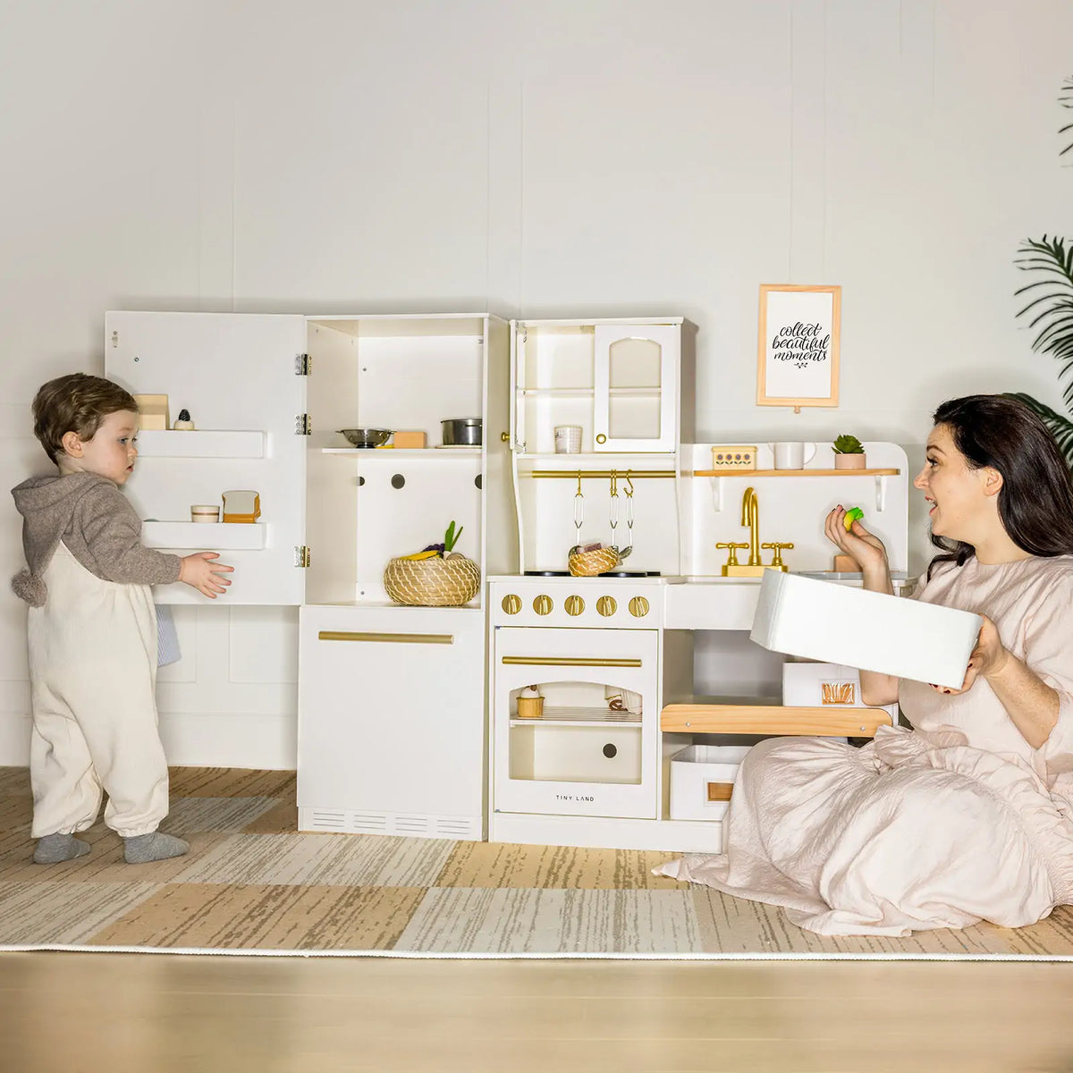Wooden Toy Kitchen Refrigerator Cabinet with Magnetic Door Spots and Practical Storage for Kids’ Pretend Play
