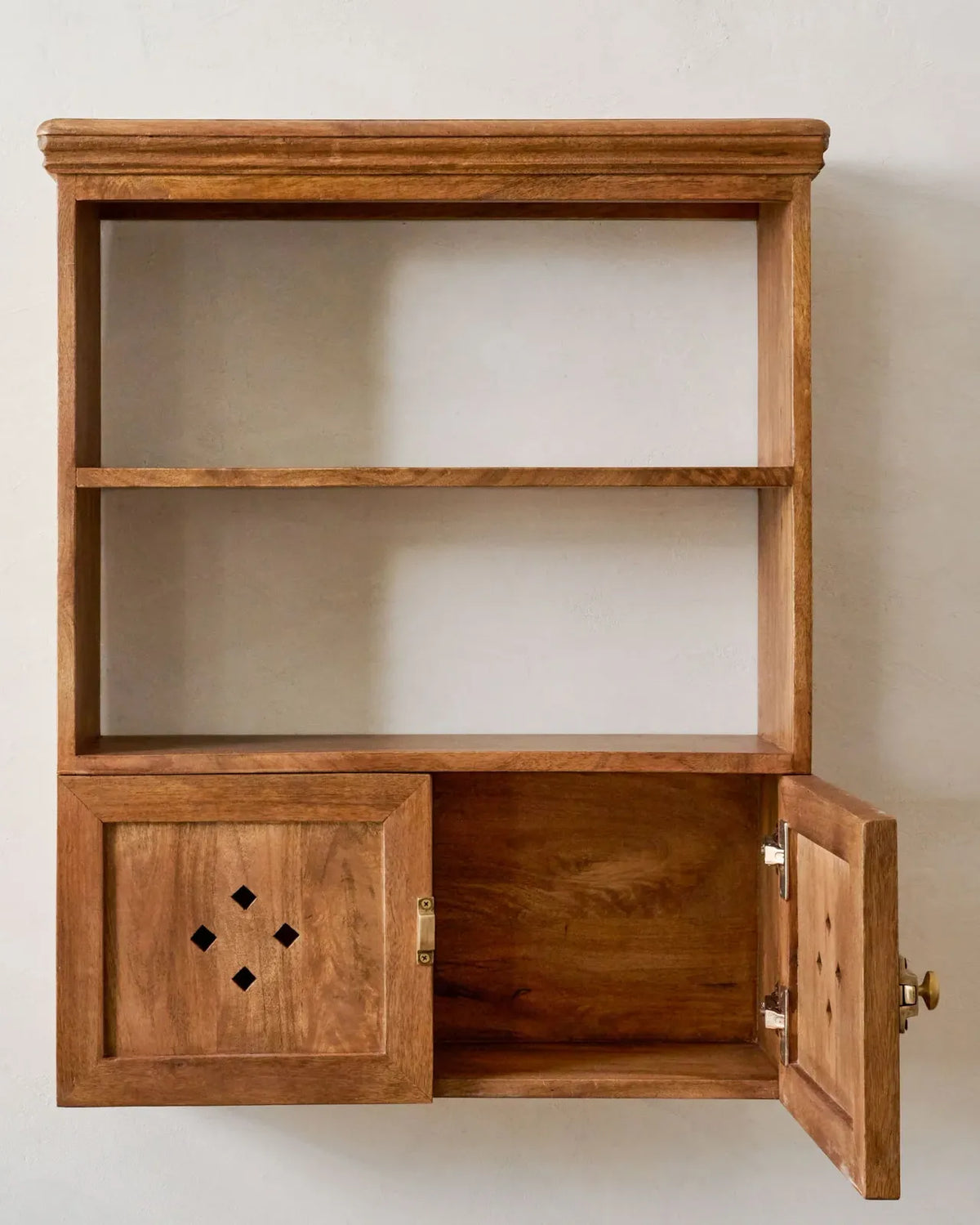 Wooden Wall Shelf with Doors, Antiqued Mango Wood Storage Cabinet, Open Shelves and French Cleat Hardware