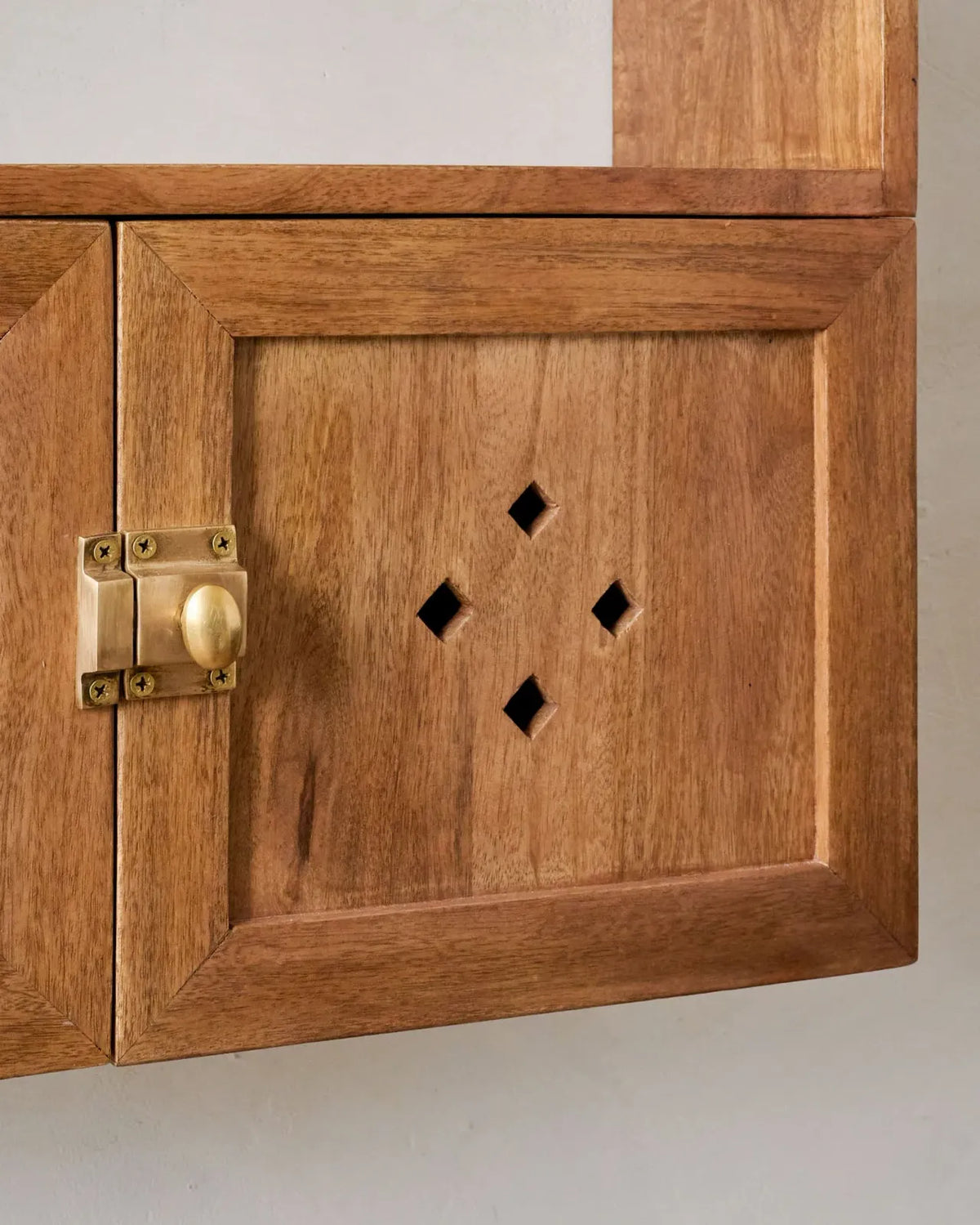 Wooden Wall Shelf with Doors, Antiqued Mango Wood Storage Cabinet, Open Shelves and French Cleat Hardware