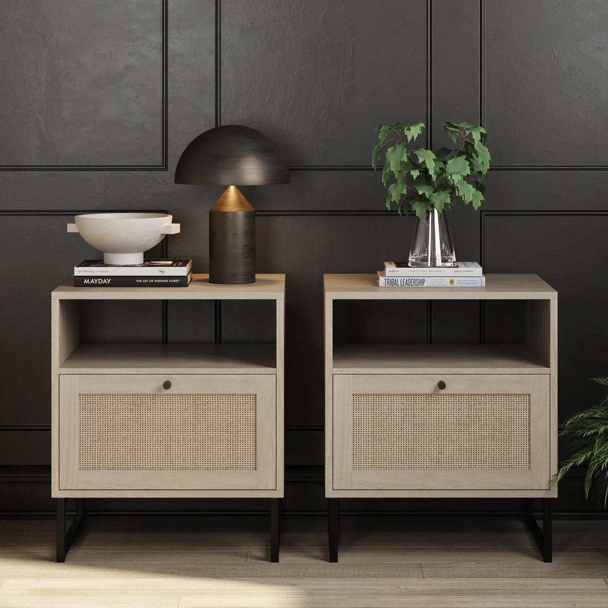 Woven Cane Storage Nightstands in Light Oak, Set of 2