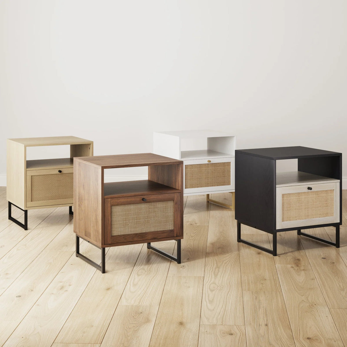 Woven Cane Storage Nightstands in Light Oak, Set of 2