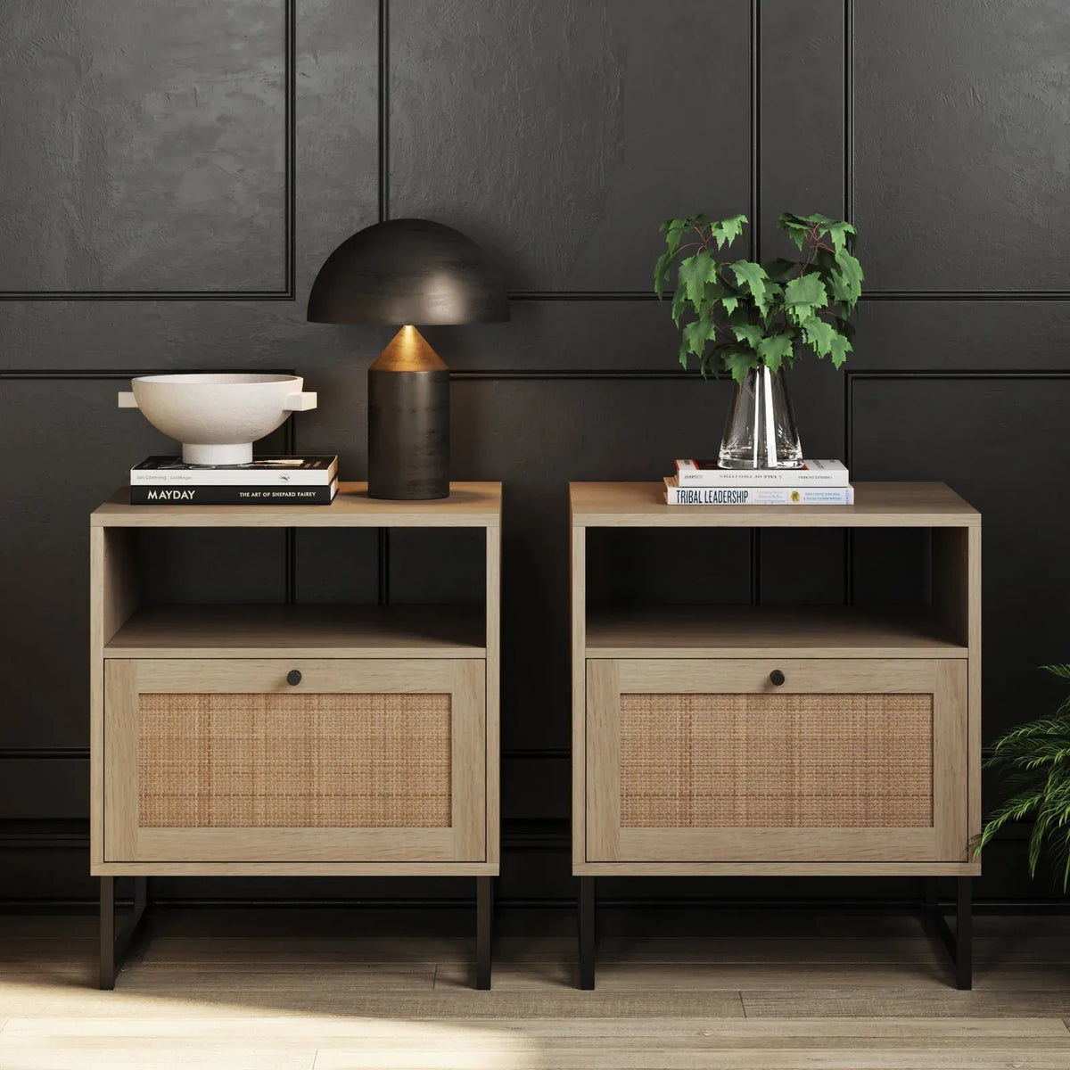 Woven Cane Storage Nightstands in Light Oak, Set of 2, Light Oak-Rattan-Matte Black
