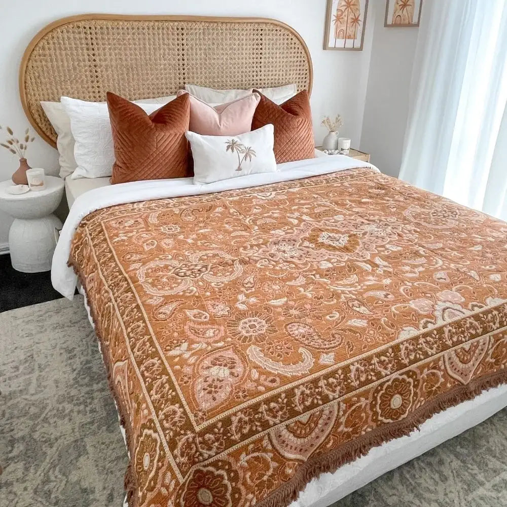 Woven Cotton Picnic Rug in Earthy Bohemian Florals, Extra Large