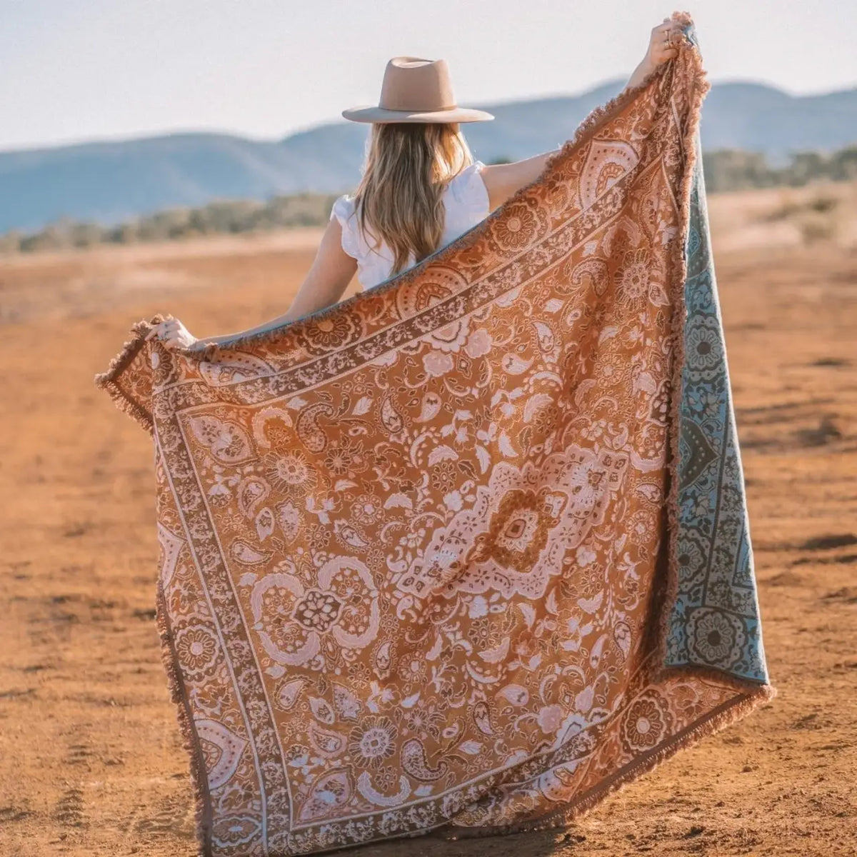 Woven Cotton Picnic Rug in Earthy Bohemian Florals, Extra Large