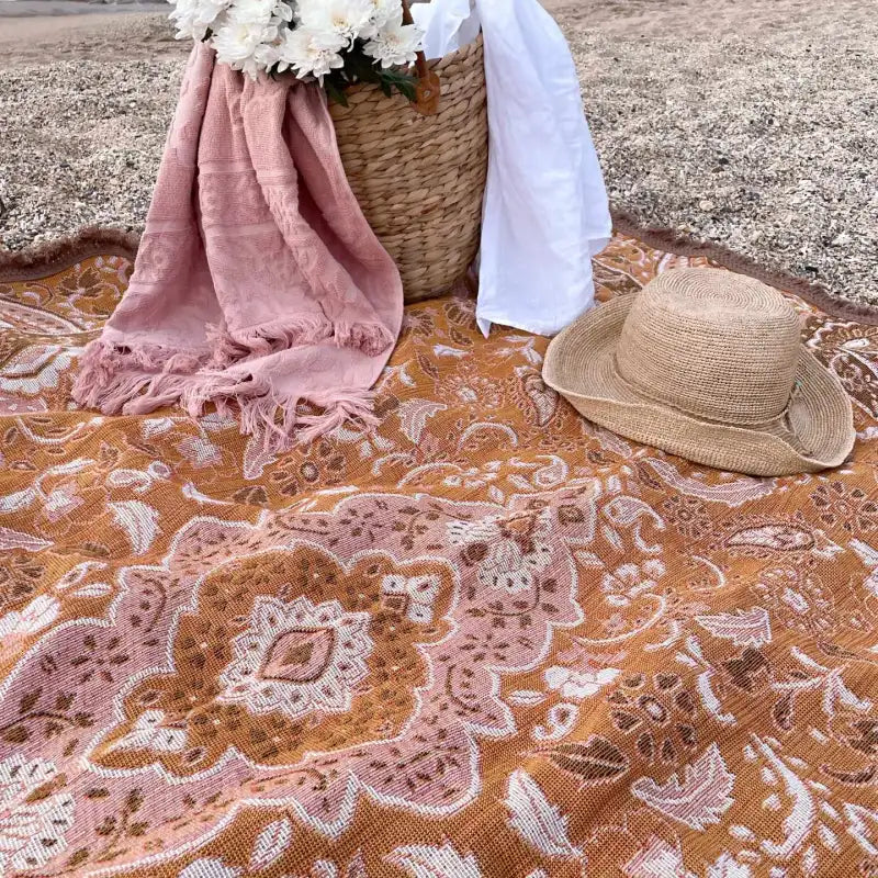 Woven Cotton Picnic Rug in Earthy Bohemian Florals, Extra Large