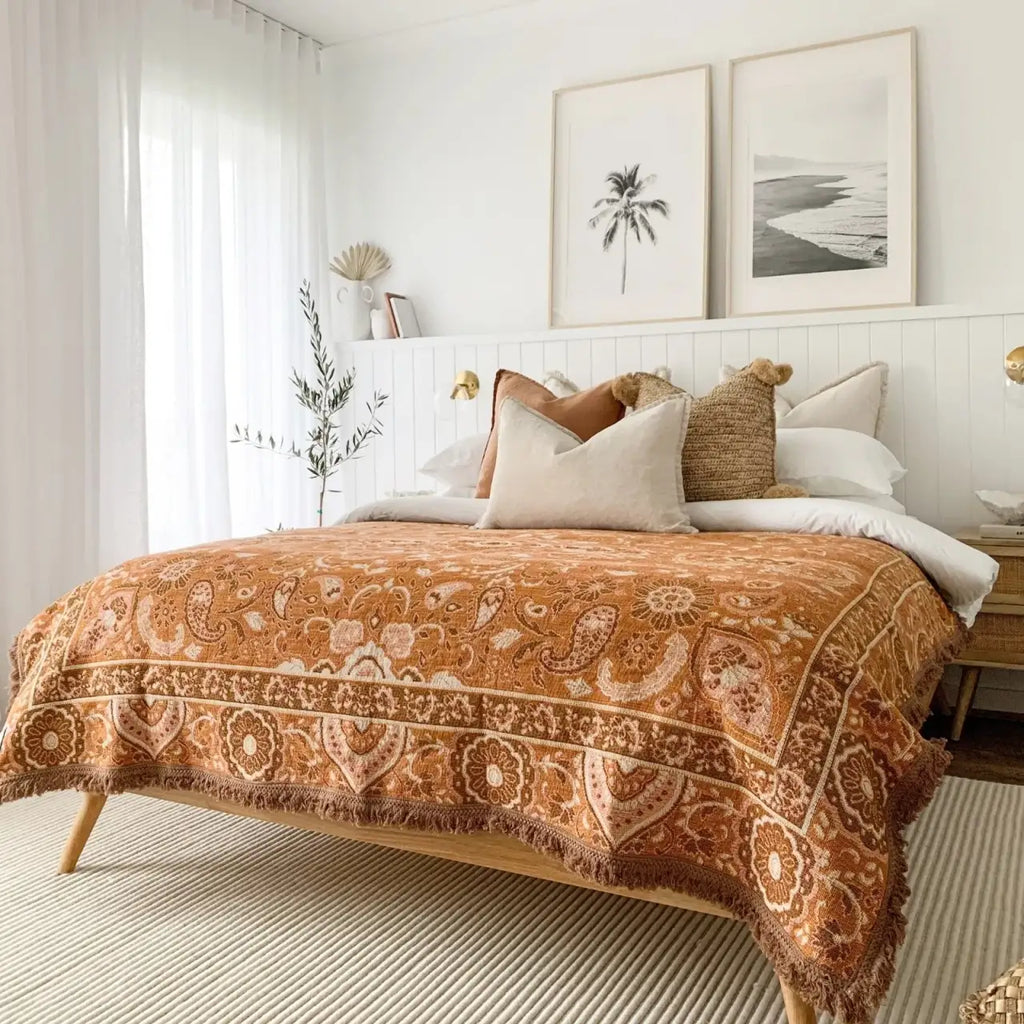 Woven Cotton Picnic Rug in Earthy Bohemian Florals, Extra Large
