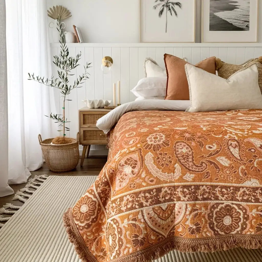 Woven Cotton Picnic Rug in Earthy Bohemian Florals, Extra Large