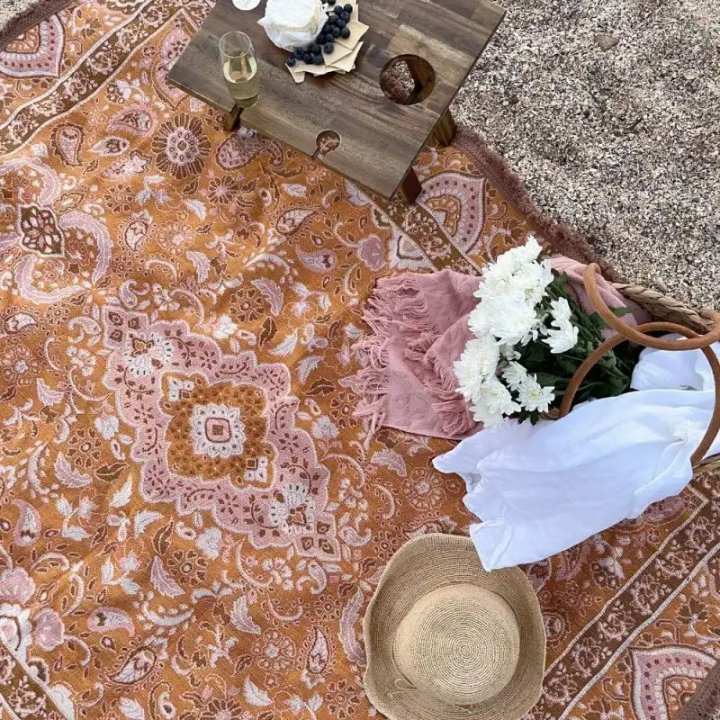 Woven Cotton Picnic Rug in Earthy Bohemian Florals, Extra Large