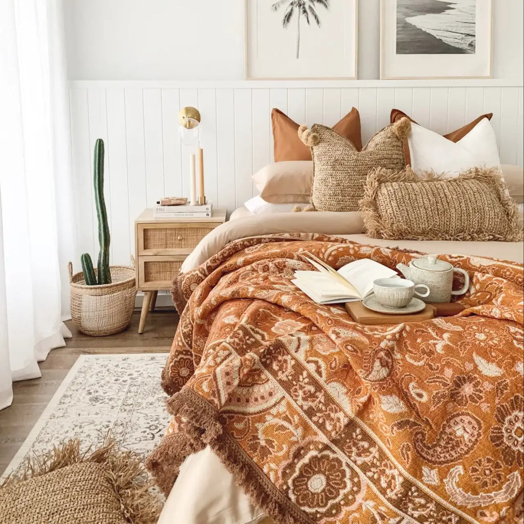 Woven Cotton Picnic Rug in Earthy Bohemian Florals, Extra Large