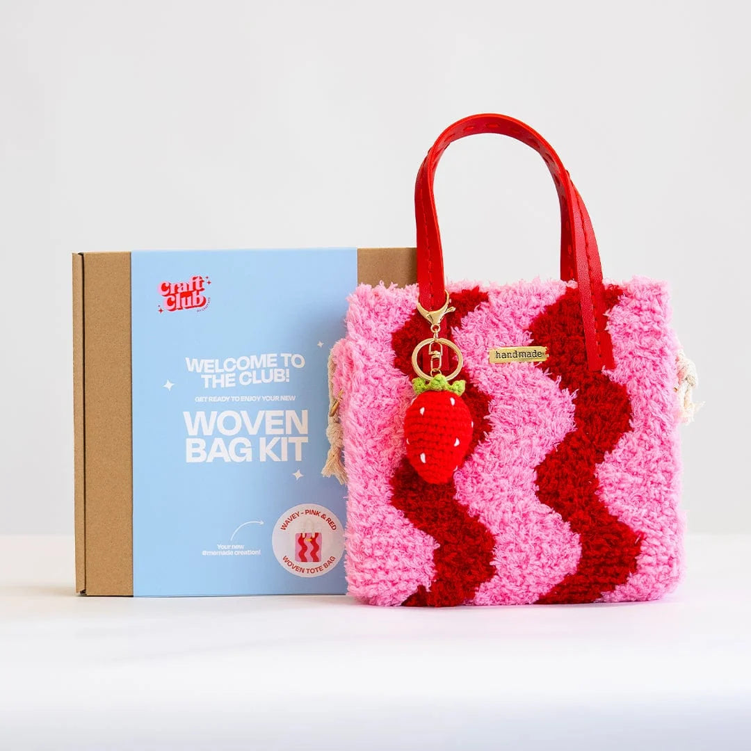 Woven Tote Bag Kit in Pink and Red for a Beginner Weaving Project, Finished with a Strawberry Keychain